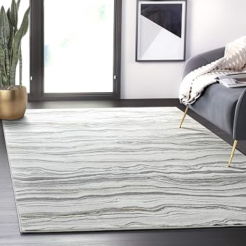 Abani Horizontal Grey Wavy Lines Non-Shed 53" x 76" 5x8 Bedroom Rug, Contemporary Grayscale Neutral Area Rug Rugs