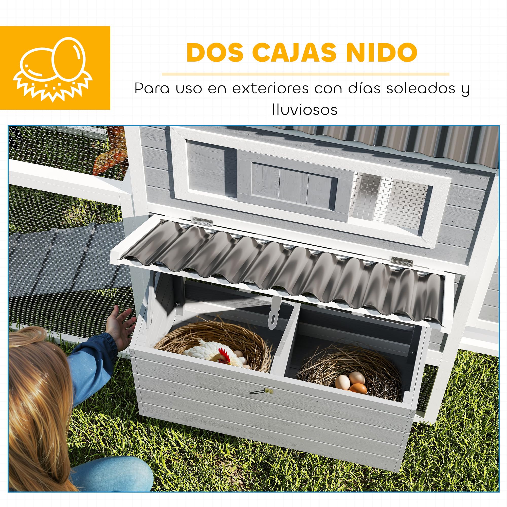 PawHut Gallinero Jaula para 10-15 Gallinas 315,5x150,5x140,5 cm Gris | para Exterior, de Madera, Grande, con Perchas, Columpio, Rampa, Bandeja Extraíble