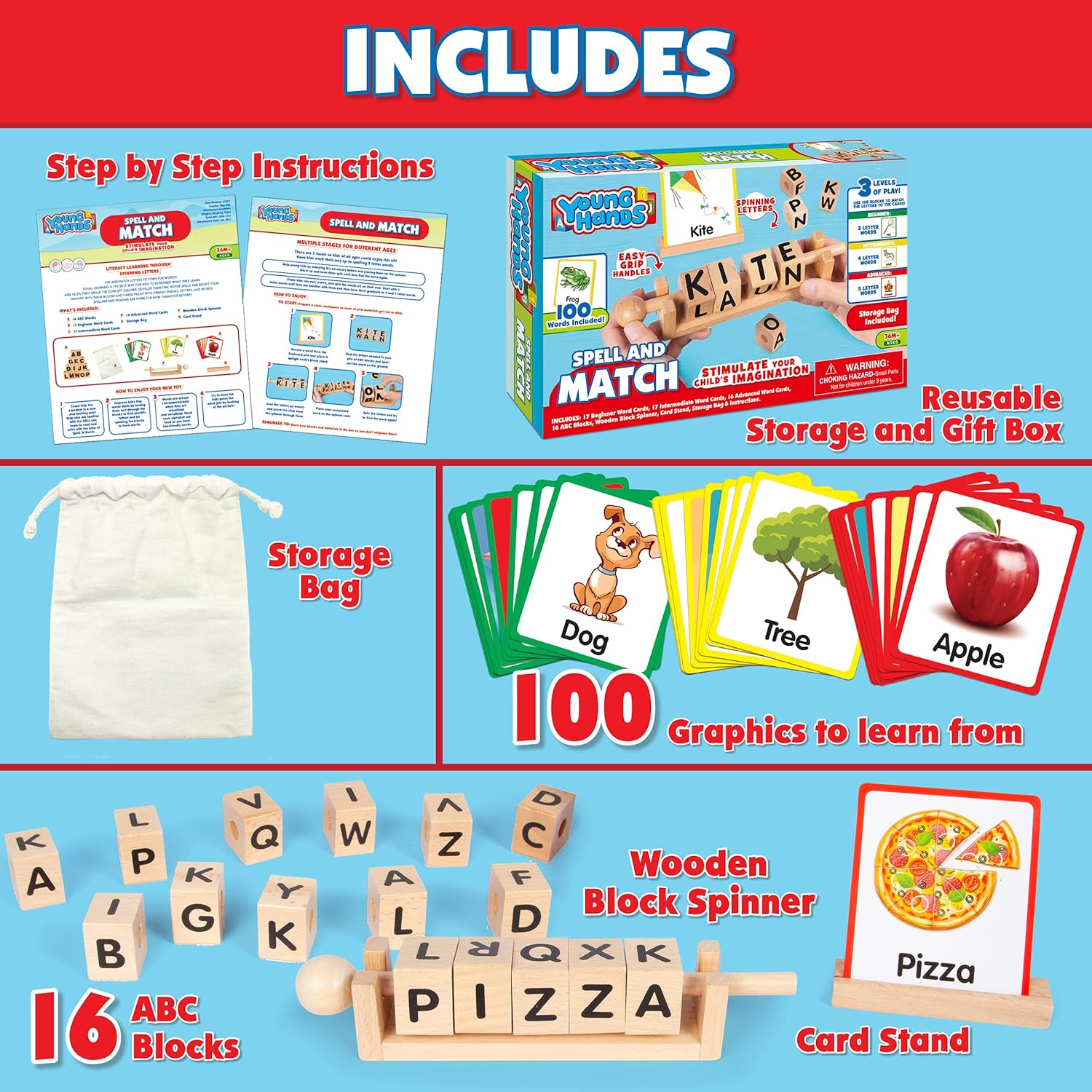 Wooden Reading Blocks - Spin, Spell & Match Words - 16 Alphabet ABC Blocks & 50 Cards with Images - Montessori Learning Reading Games Toy for Toddlers & Kids