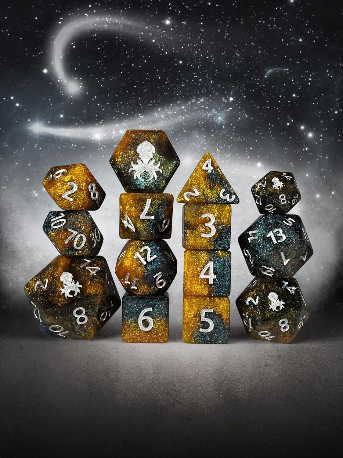 Kraken Dice Topaz White Magick 14pc Dice Set Inked in Silver