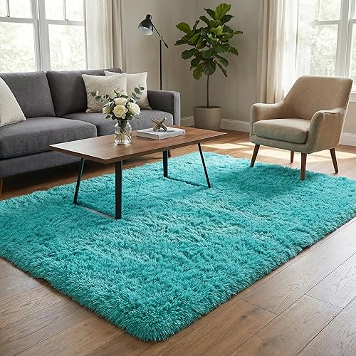 Merelax Soft Modern Indoor Large Shaggy Rug for Livingroom Bedroom Dorm Kids Room Home Decorative, Non-Slip Plush Fluffy Furry Fur Area Rugs Comfy Nursery Accent Floor Carpet 6x9 Feet, Teal Blue