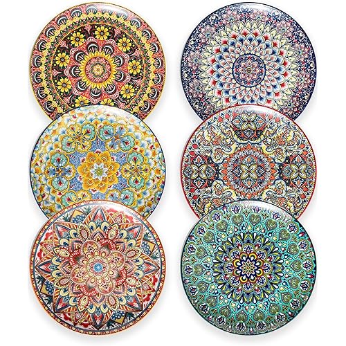 Dinner Plate Set of 6, 10.5-inch Large Plate for Dessert, Pasta, Salad, Ceramic Bohemian Dishes for Kitchen Microwave Dishwasher Safe