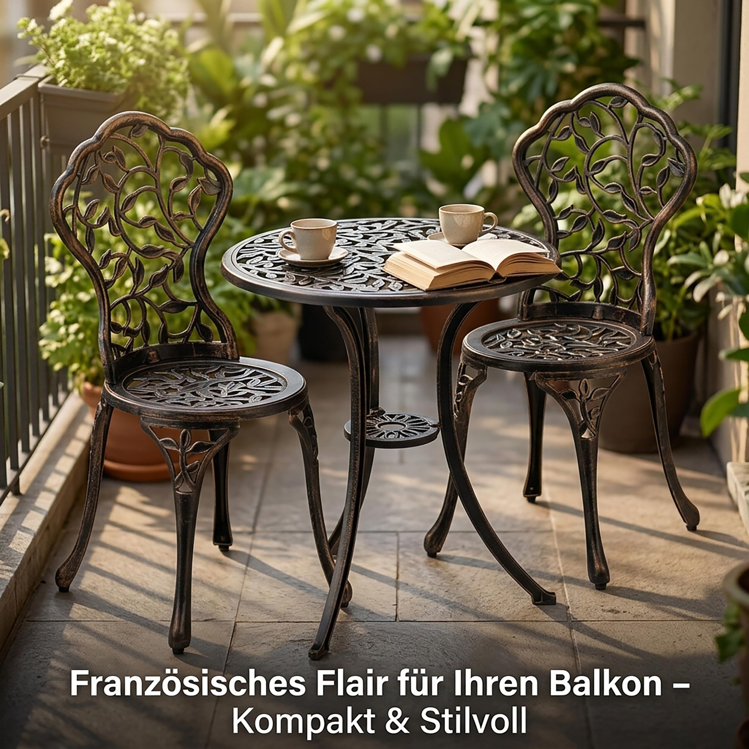 Relaxdays Balkonmöbel Set, 3-teilig, Balkontisch mit 2 Stühlen, Bronze