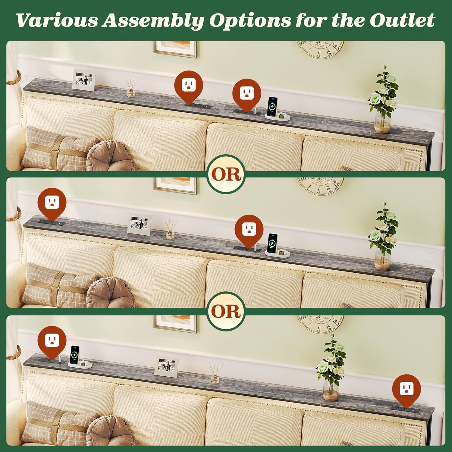 Three diagrams illustrating various assembly options for positioning the power outlets on the sofa table, either at the ends or in the middle.
