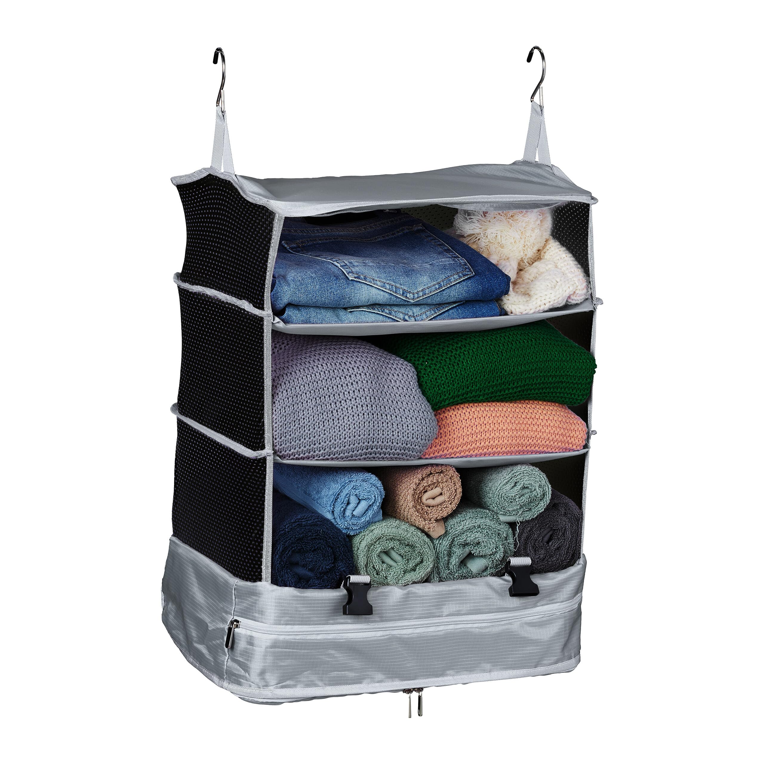 Relaxdays Hanging Luggage Organiser, 55x44x30 cm, Folding Suitcase Carry-On Storage, 4 Compartments, Packing Cubes, Grey, Polyester