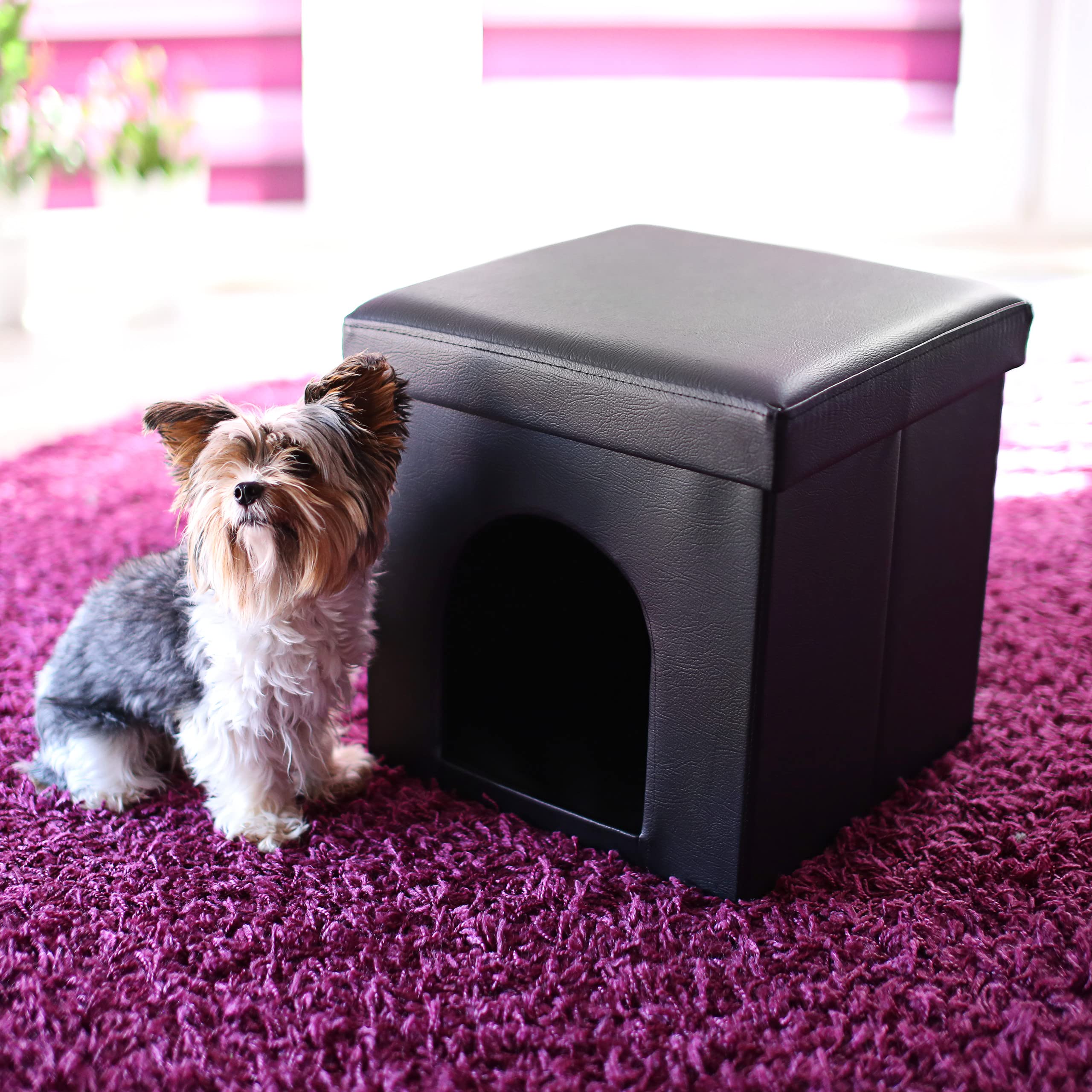Relaxdays Set de 2 artículos para Mascotas, Comedero Doble XL, Altura Ajustable, Perros-Gatos, Taburete con casa para Perro, Negro