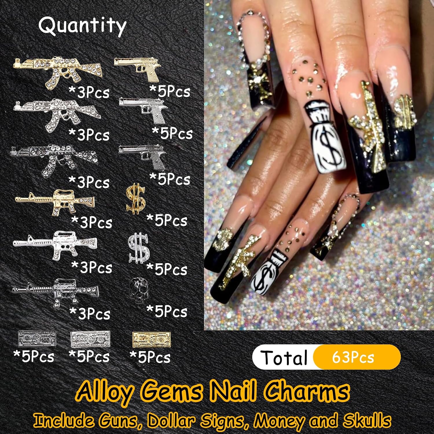 63PCS 3D Nail Charms - Gold Alloy Dollar, Gun & Coin Charms, Shiny Nail Rhinestones for Nail Art, Manicure, DIY Jewelry Making(Gold、Silver、Black)