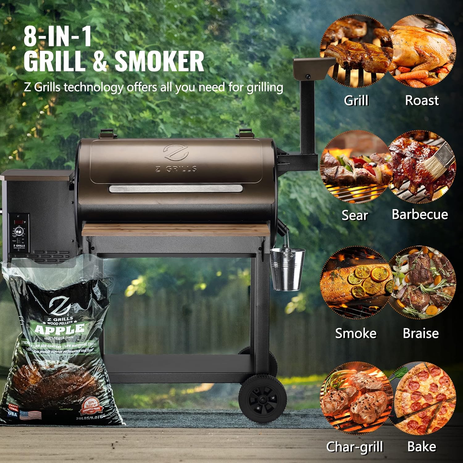 Image showing the Z GRILLS ZPG-550C pellet grill along with included accessories: assembly gloves, a grease bucket, and a front shelf.