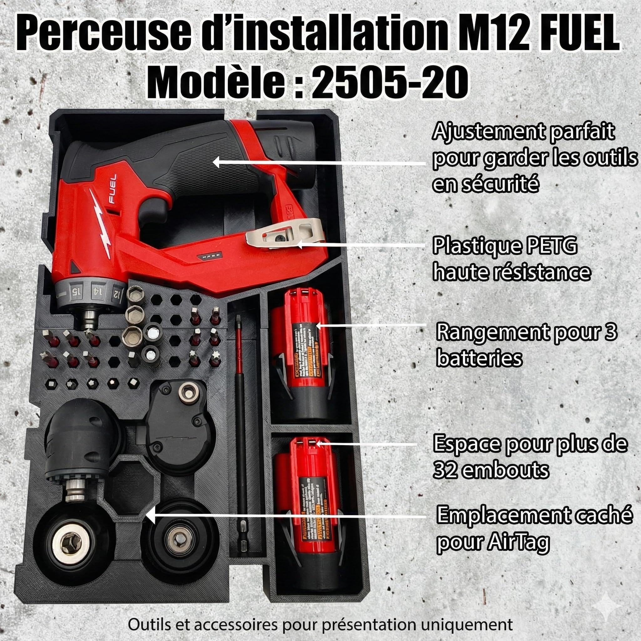 Organisateur pour perceuse d'installation M12 et organiseur Milwaukee Packout