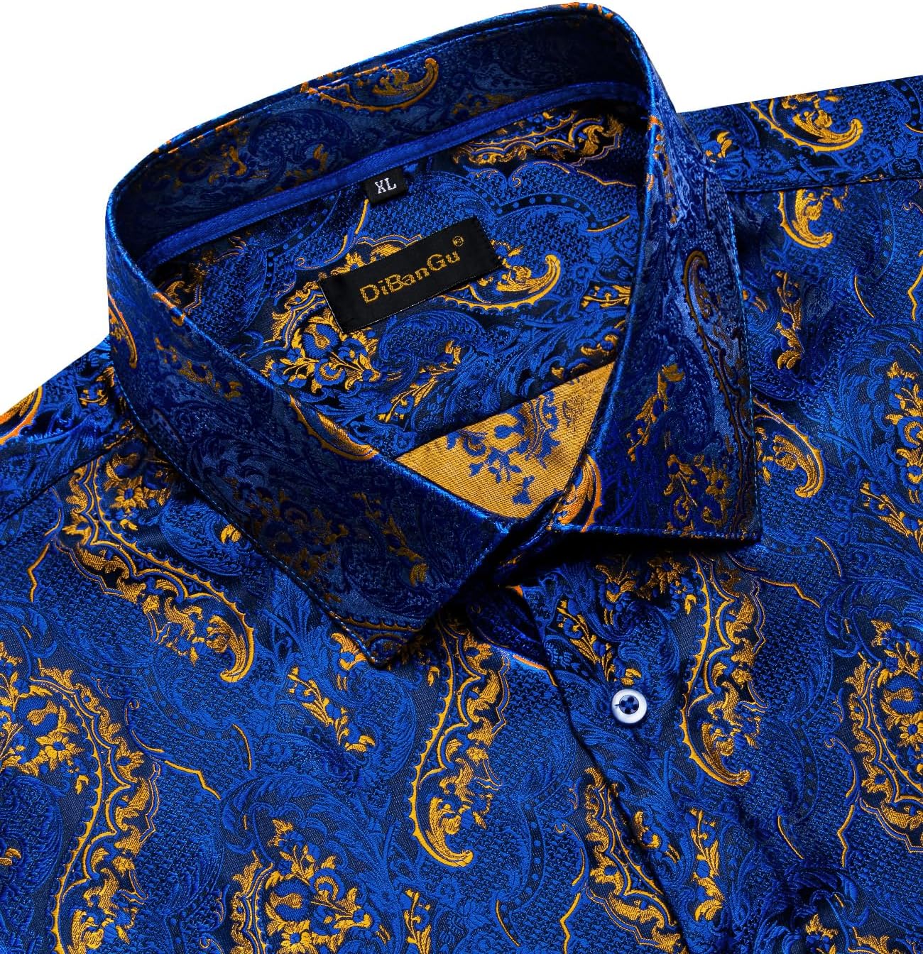 DiBanGu Mens Silk Paisley Dress Shirts,Long Sleeve Button Down Shirt Casual Regular Fit Shirt for Men Wedding Party