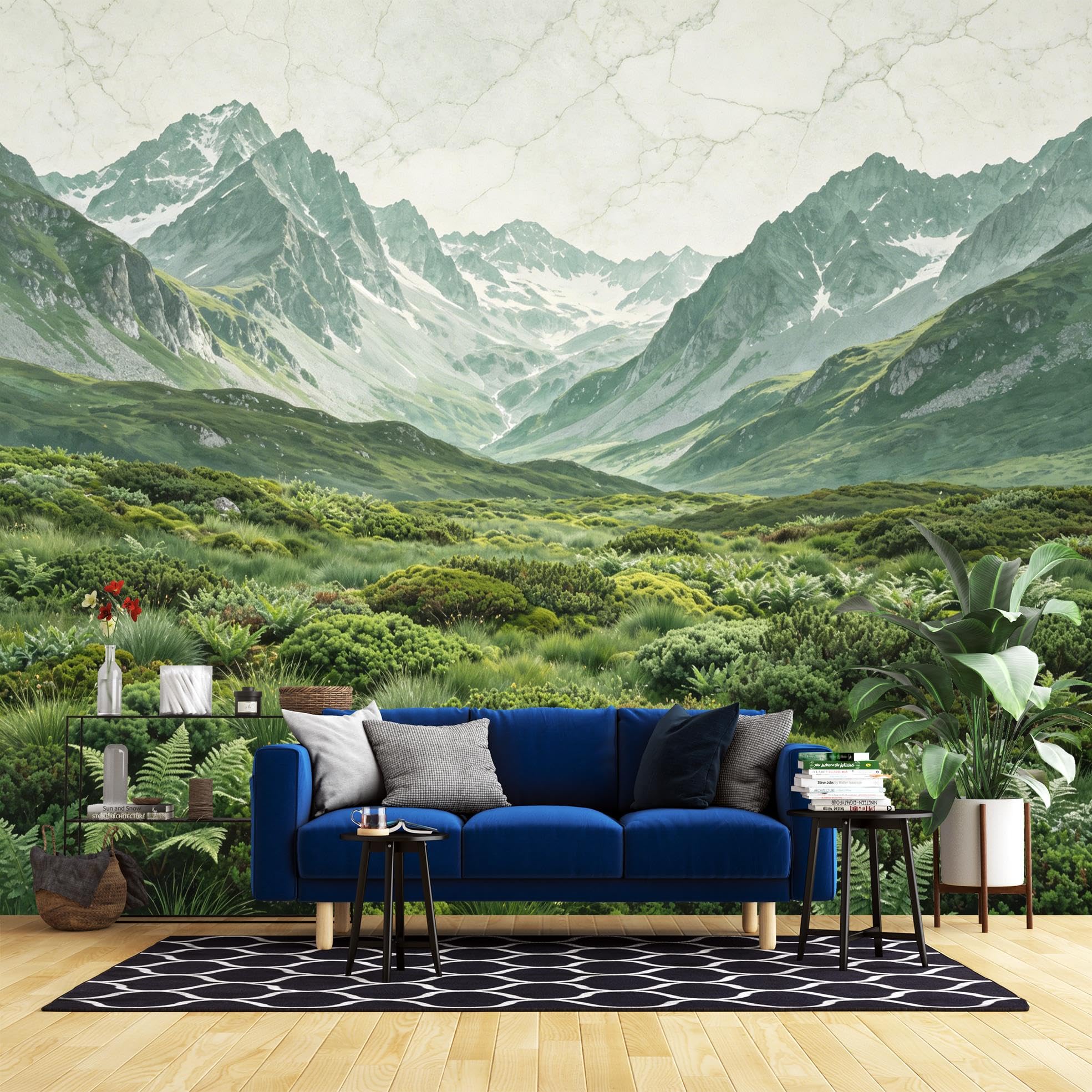 Papier peint de montagne verte pour salon et chambre style nature alpine