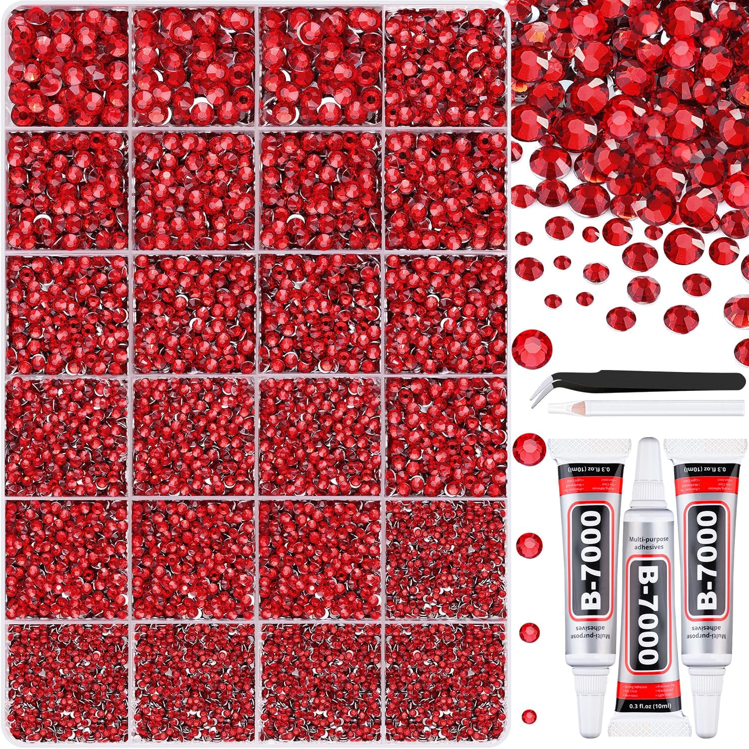 TINKRSTUFF 25000Pcs Resin Rhinestones with Tweezers for Crafting, Red Non Hotfix Flatback Gems, Bedazzling Crystal with 3Pcs 10ml B7000 Jewelry Glue for DIY Crafts Clothing Tumblers Shoes Fabric Decor