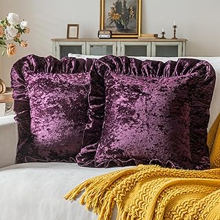 Purple Velvet Ruffled Throw Pillow Covers 18x18 Inches Set of 2 Square D...