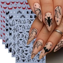 6 Sheets Halloween Bat Nail Art Stickers 3D Self Adhesive Horror Goth Nail Decals Red Glitter Bat Nails Design Dark Black Horror Bat Cute Cat Nail Supplies Nails Decor for Women Manicure Accessories