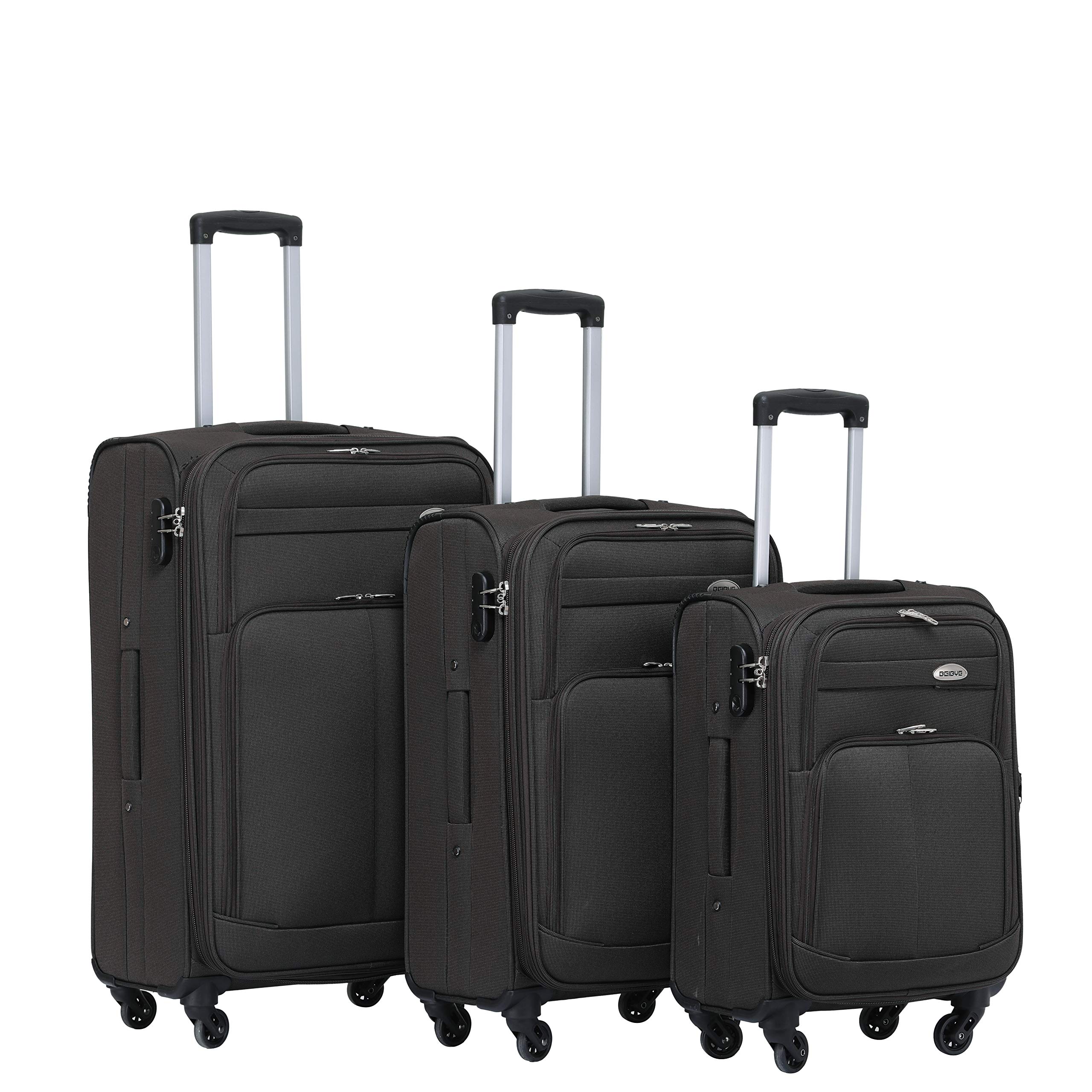 BEIBYE Stoffkoffer Kofferset mit Außentaschen, Erweiterbarer Trolley Reisekoffer mit Zahlenschloss und Namensschild, Leichter Softshell Koffer mit Rollen