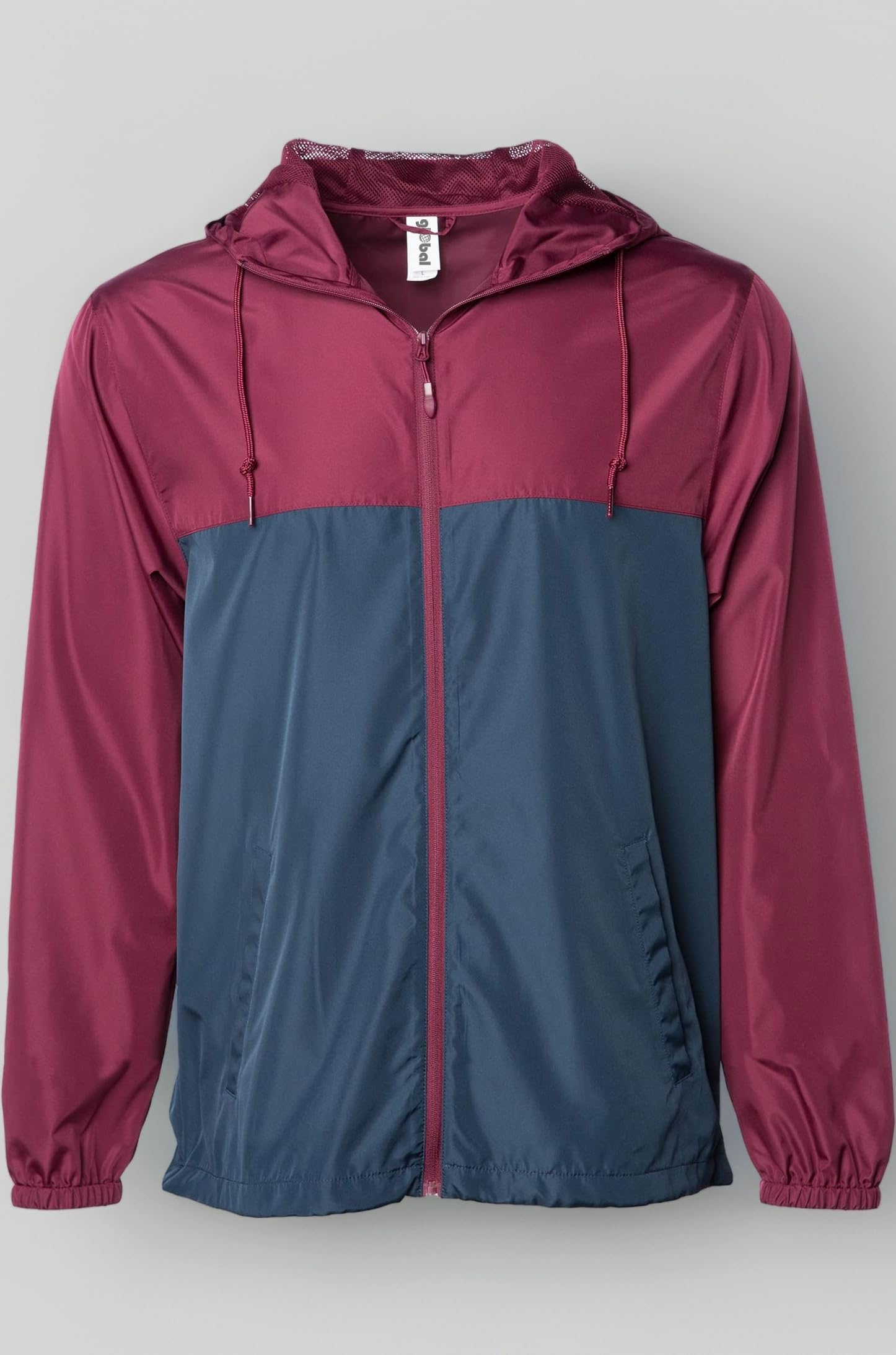 Global Men's Hooded Lightweight Windbreaker Rain Jacket Water Resistant Shell (Navy/Maroon, Small)