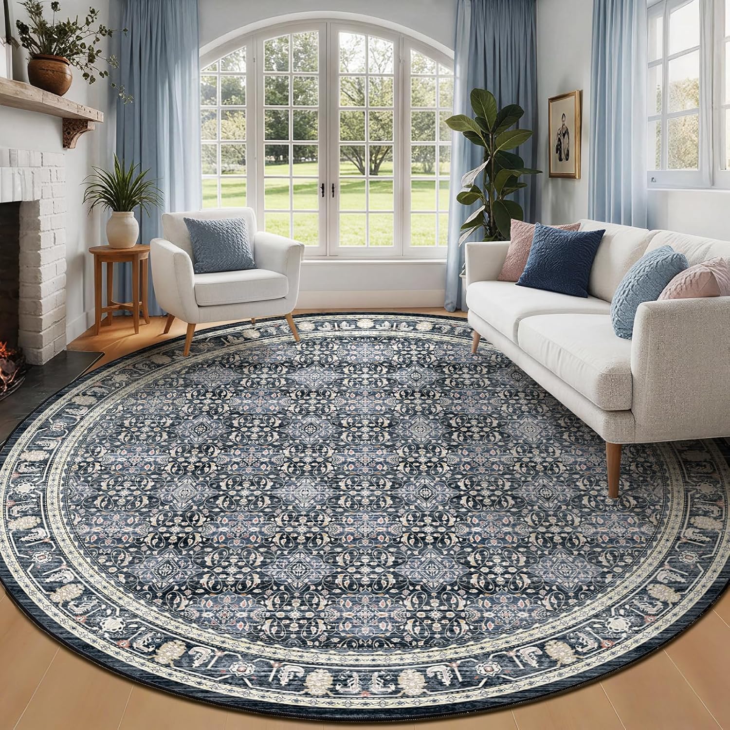 Neutral Beige 5ft Round Washable Rug, Farmhouse Vintage 5 Feet Circle Rug for Living Room, Low Pile Thin Non Slip 5x5 Round Circular Carpet for Dining Room/Bedroom/Entryway/Foyer