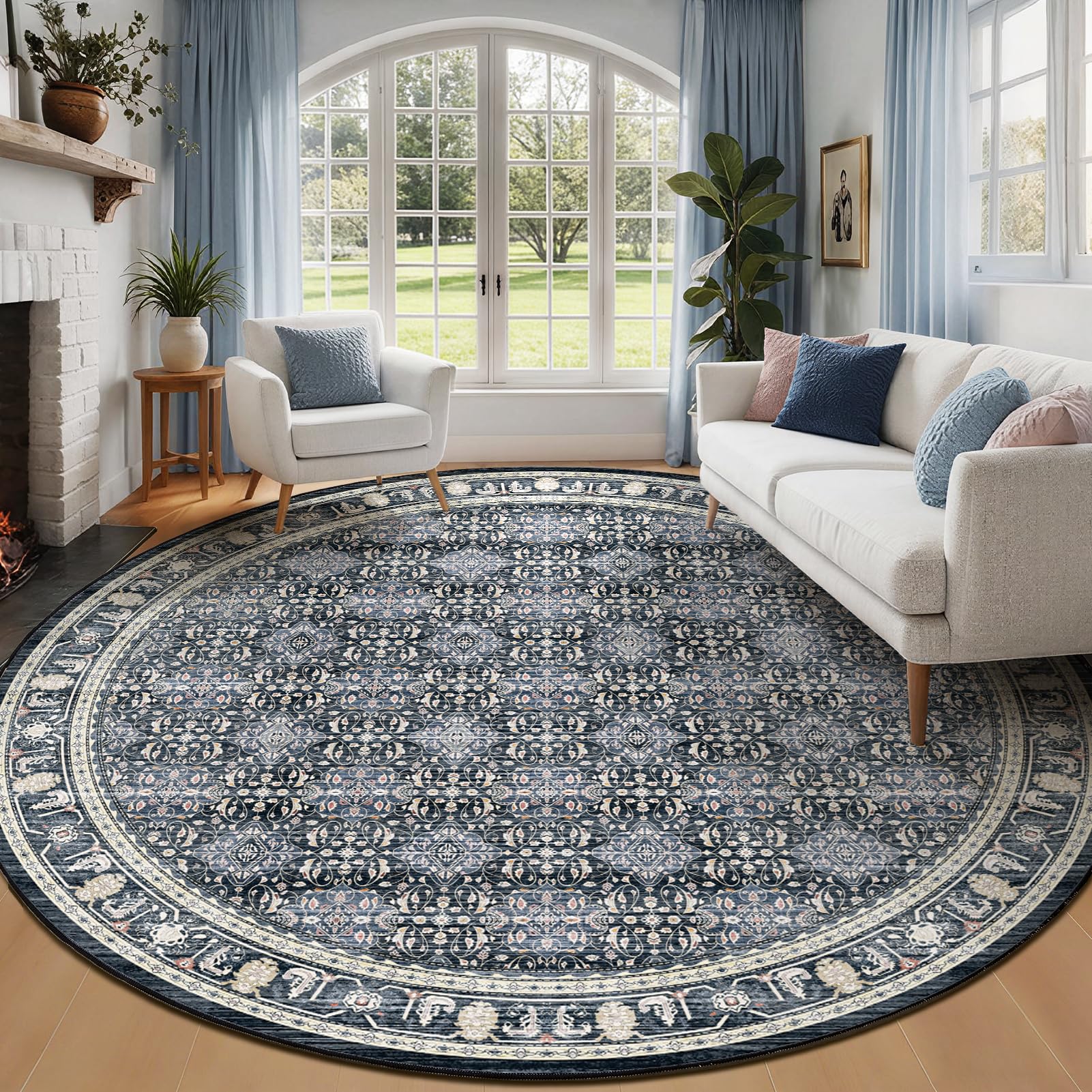 Jainmy Dark Blue 8ft Round Rugs for Living Room, Washable Round Carpet with Rubber Backing for Dining Room Table, Low Pile Thin Circle Rug for Bedroom, Transitional Boho Moroccan Floral Trellis — image 1