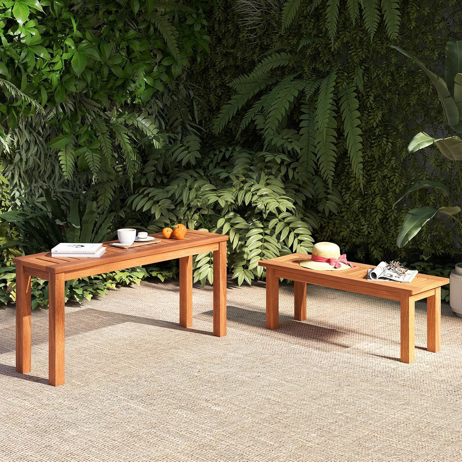 Tangkula Outdoor Backless Bench Set of 2, Solid Wood Patio Benches w/Slatted Seat, 2-Person Rustic Wooden Entryway Bench for Front Porch Garden Balcony Park Indoor, Weatherproof, Load up to 330 LBS