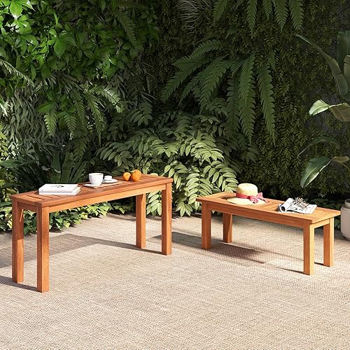 Miniatura 2 de Tangkula Juego de 2 bancos sin respaldo para exteriores, bancos de patio de madera maciza con asiento de listones, banco de entrada de madera