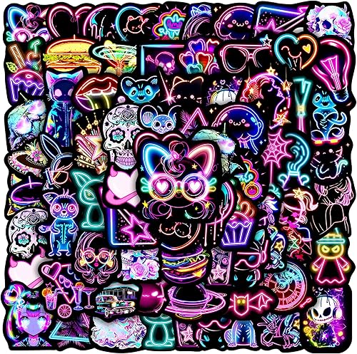 50 calcomanías estéticamente neón para botellas de agua Cyberpunk para adultos, coloridas calcomanías holográficas impermeables de vinilo para