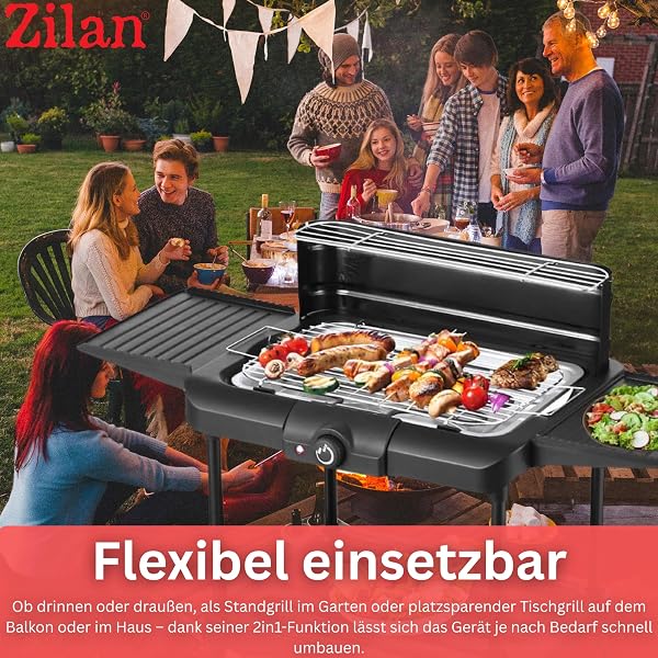 2in1 Elektro Grill Standgrill Tischgrill elektrisch 2.400 Watt - Elektrogrill für Balkon, Draußen & Drinnen mit Standfuß große Grillfäche Stufenloser Temperaturregler elektrischer BBQ Grill - 2