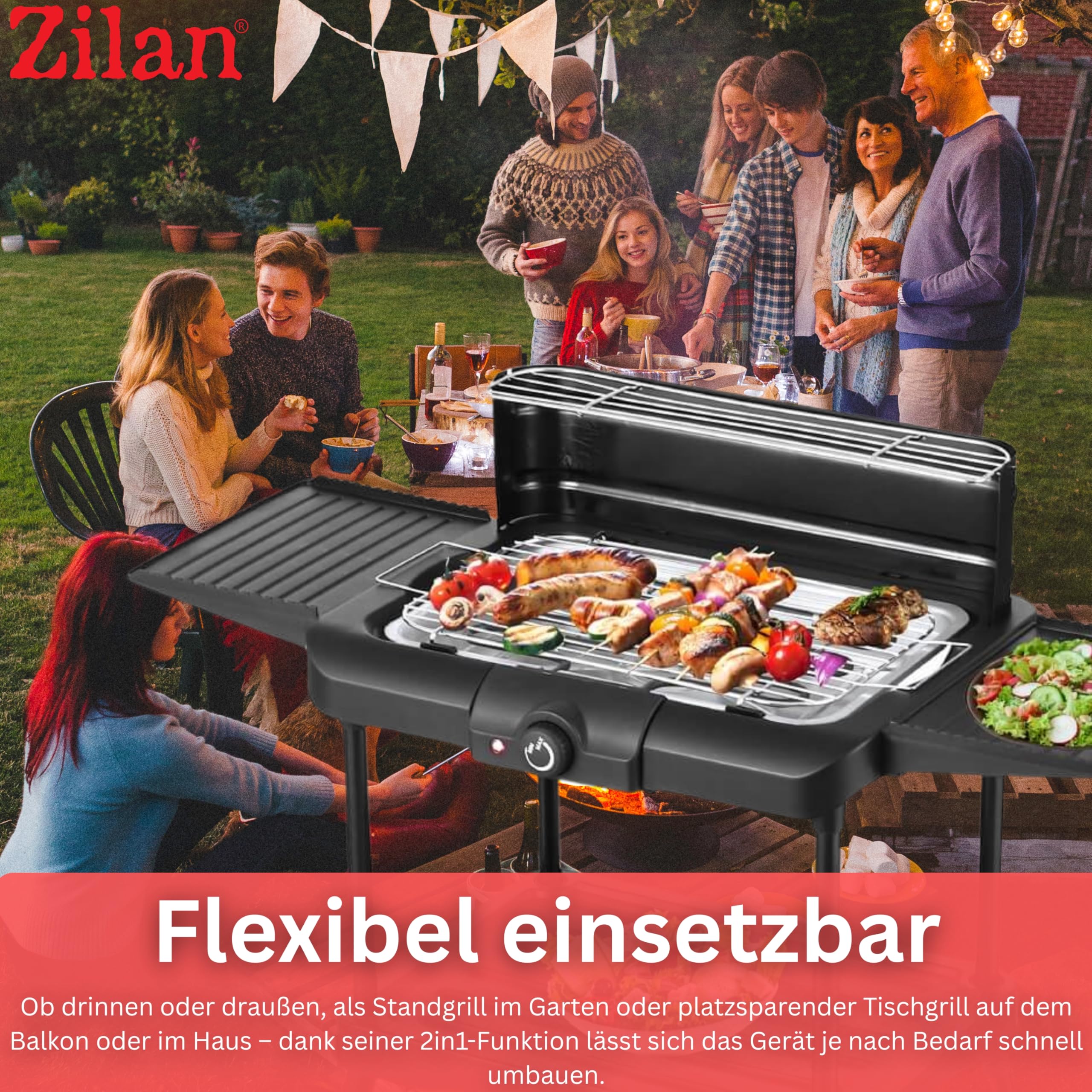 2in1 Elektro Grill Standgrill Tischgrill elektrisch 2.400 Watt - Elektrogrill für Balkon, Draußen... Ansicht 2