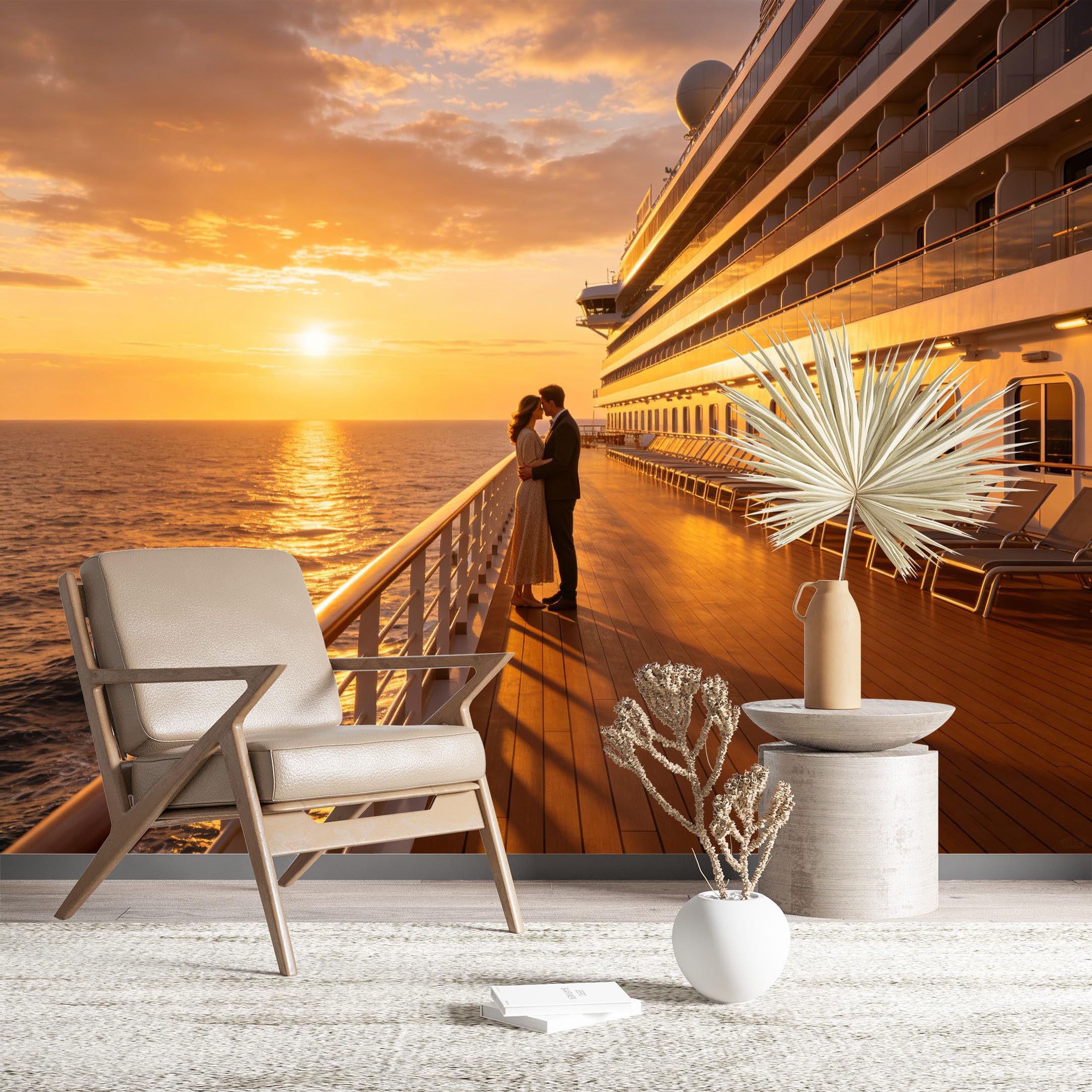 Custom Size Wall Murals Romantic Cruise Ship Deck at Sunset Vivid Self-Adhesive Wall Fabric (NO PVC) Removable Wallpaper for Living Room Bedroom