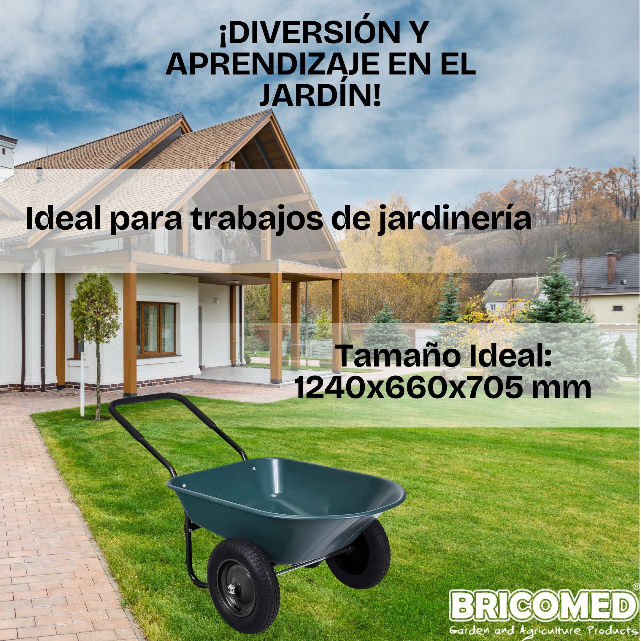 Carretilla Jardin | 124x66x70,5 cm | Carretillas de Acero Robusto Recubierto De Polvo Epoxi, Capacidad De 100L Y 120 kg, Neumáticos | Carretilla De Carga Jardin | Carretilla de Jardin