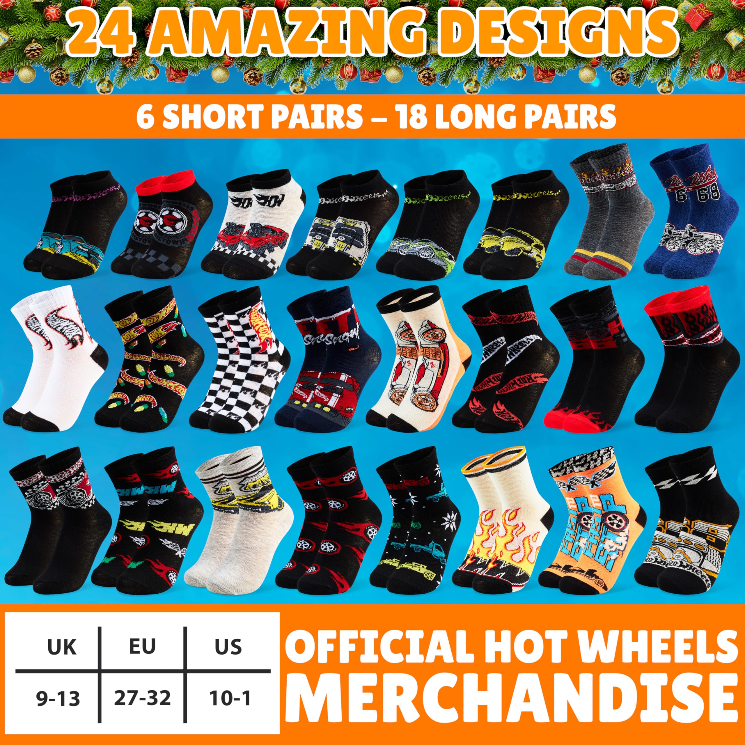 Get Trend Hot Wheels Socken Adventskalender Kinder 2025, 24 Paar, 27-32, Bequem & Weich, Countdown Weihnachten Kalender, Gamer Geschenke für Jungs (Schwarz Hot Wheels)