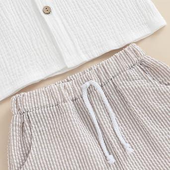Baby Boys Cotton Linen Shorts Set Solid Color Short Sleeve Button Down T-Shirt Tops and Shorts Summer Outfit Clothes