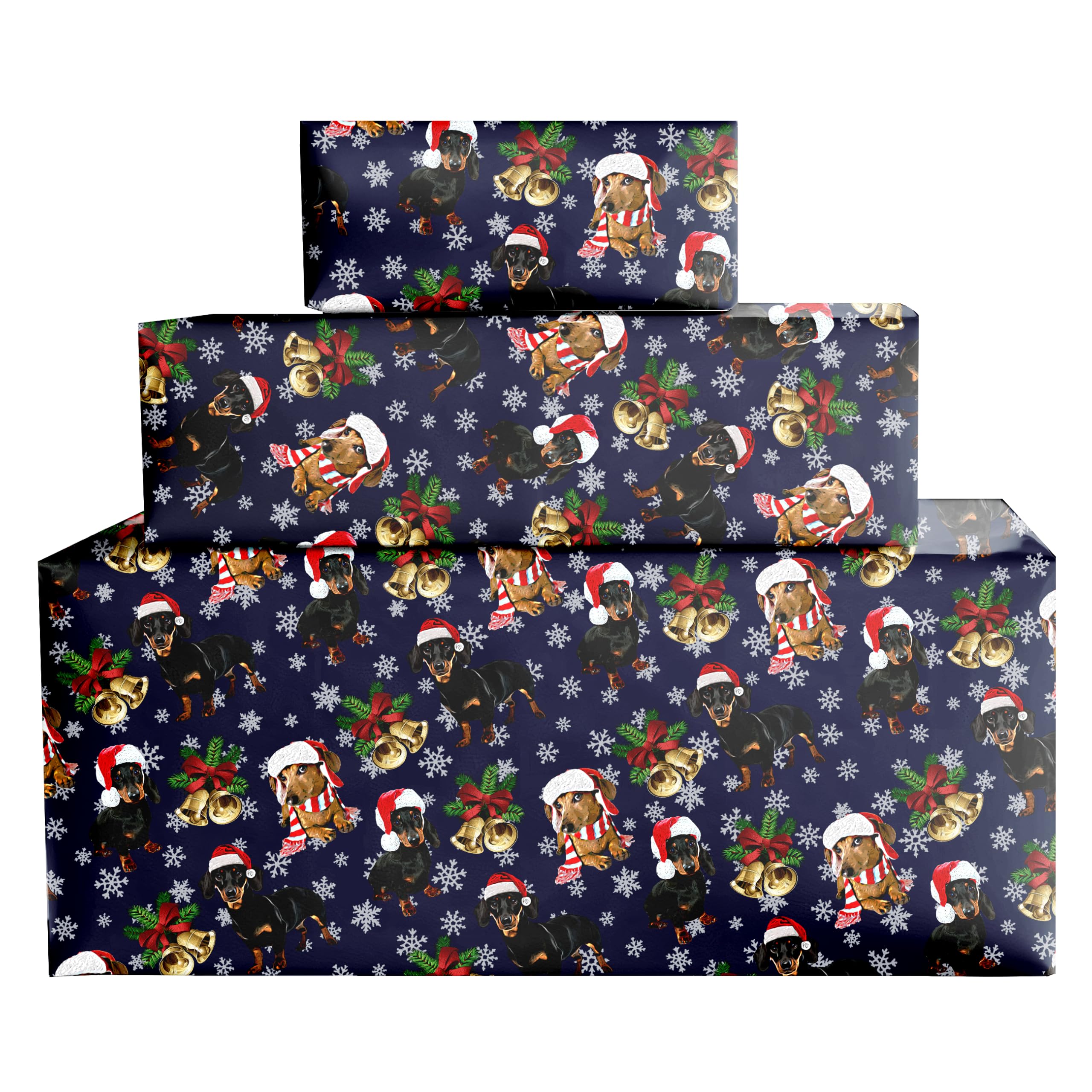 Luxury Dachshund Christmas Wrapping Paper – Cute Sausage Dogs in Santa Hats with Snowflakes & Bells – Doggy Themed Gift Wrap Sheets or Rolls up to 6m – 100gsm FSC Certified Matte - 2M