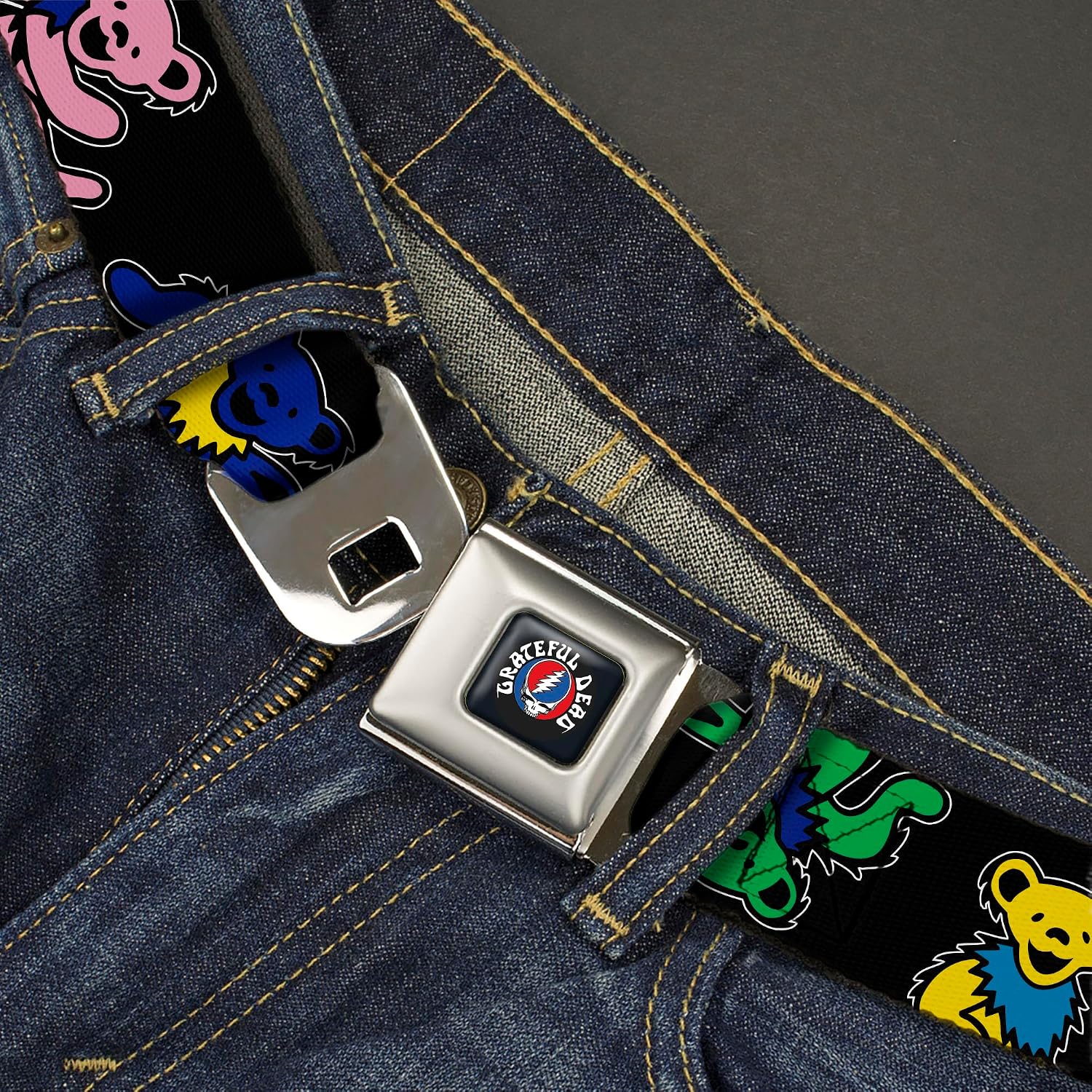 Grateful Dead Belt, Seatbelt Buckle Belt, Grateful Dead Dancing Bears Close Up Black Multi Color, Adjustable