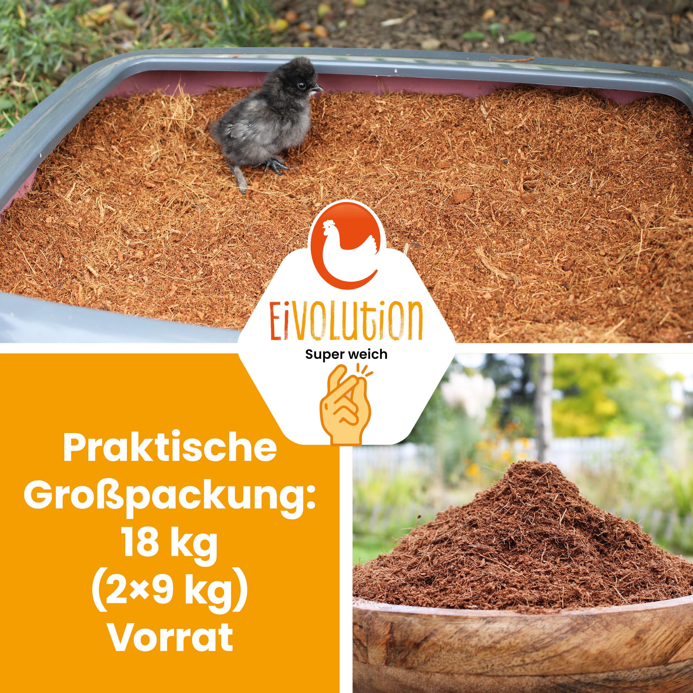 Kokoseinstreu 18 kg (2 x 9kg) aus Kokosfasern für Hühner, Wachteln und Kleintiere, hohe Saugkraft, geruchsbindend, hypoallergen, für Stall und Innenbereich