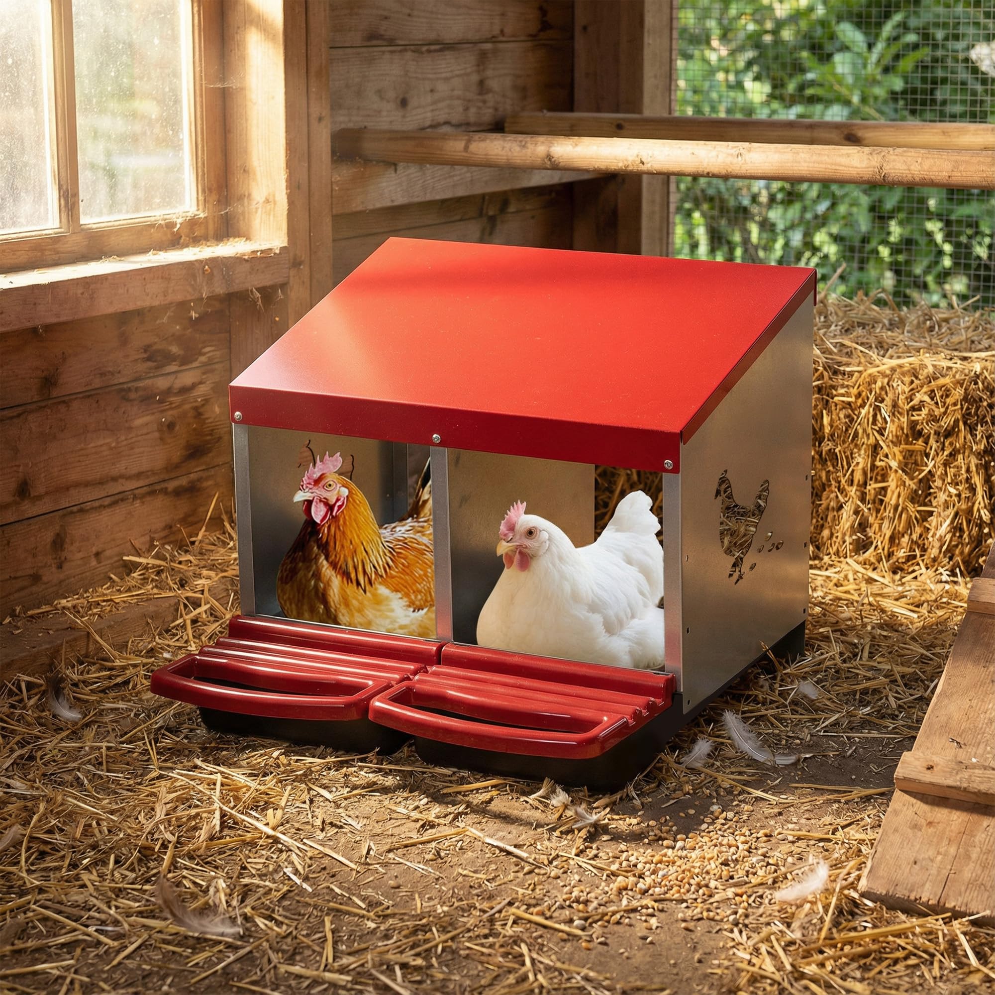 Legenester für Hühner, 2 Abteile, Abrollnest aus Robustem Metall mit Fangschale & Lüftungsschlitzen, Geflügelnest für Hennen, Enten, zur Wandmontage, 47,5x53x53,4 cm