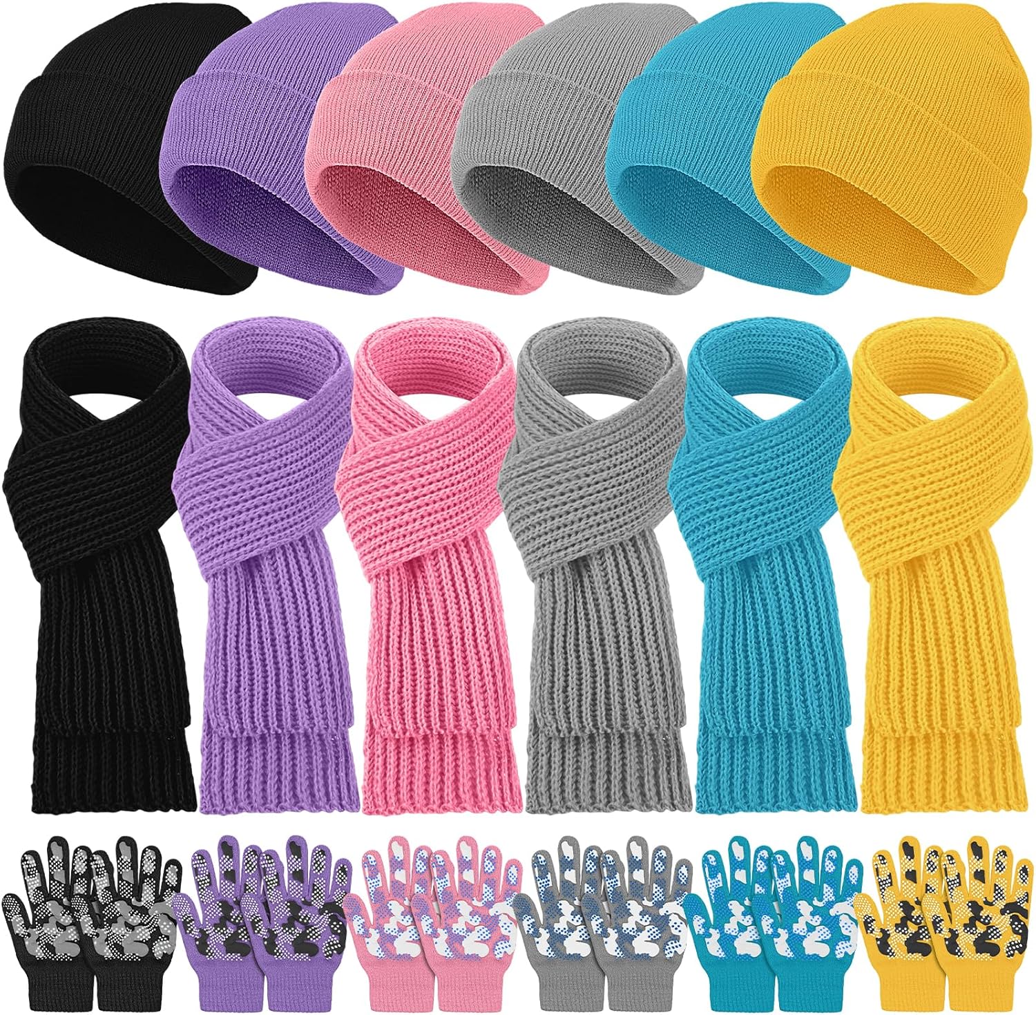 Suhine Kids Beanies Scarves Gloves Winter Set Gloves Knitted Scarves Wrap Winter Beanie Hat for Boys Girls 5-12