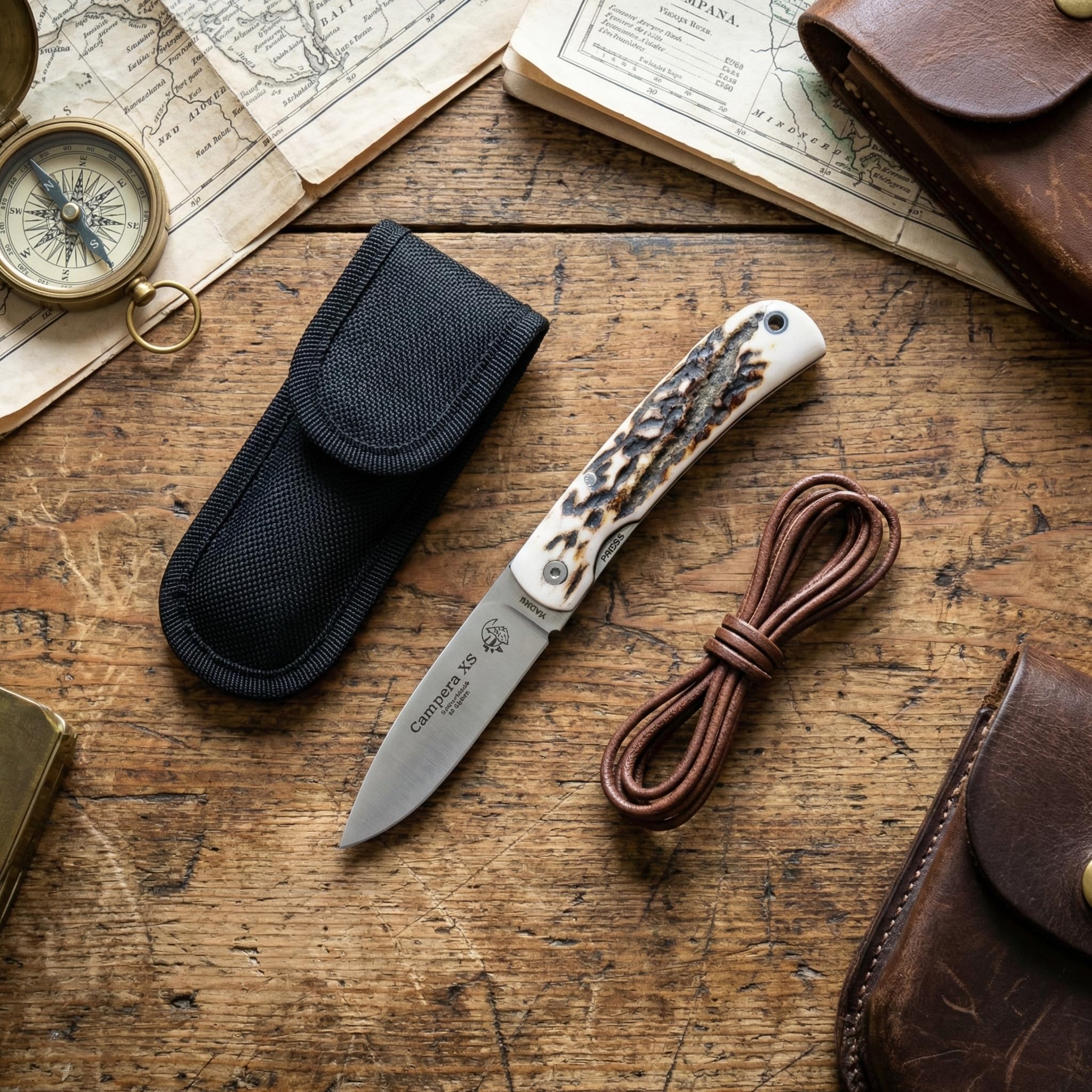 J&V Taschenmesser CAMPERA XS mit schwarzem Stoffetui - Wander-Klappmesser mit 7 cm 14C28N Stahl-Klinge und Hirschhorngriff - DAS Wander Messer - Perfekt für Sportaktivitäten - Camping - Angeln