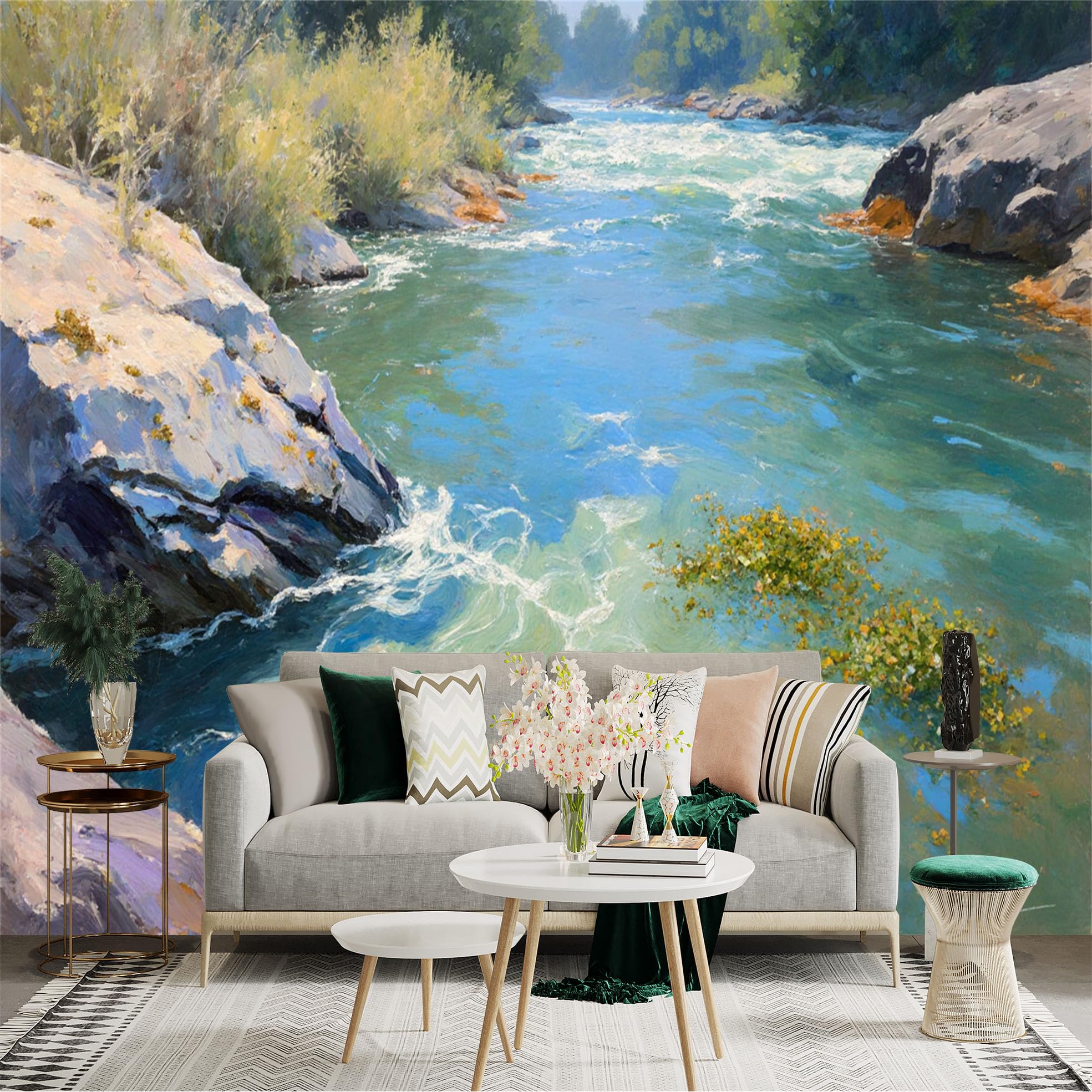 Lnzczhyre Xc260505225 Custom Size Wall Sticker Mural， Flowing Mountain River， Rocky Stream Scenery， Impressionist Water Landscape， For Wall Decoration， Peelandstick Wall Decals.