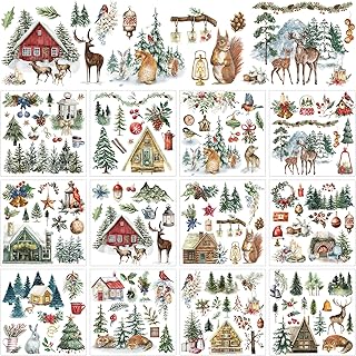 Whaline 12 Sheets Christmas Forest Rub on Transfer for Crafts Xmas Tree Animal Rub on Transfer Stickers Winter Furniture Decals for Home Party DIY Crafts, 5.5 x 5.5 Inch