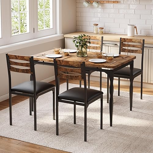 GarveeHome 5 Piece Dining Table Set, Industrial Style Dining Table and Chairs Set for 4, Kitchen Table Set for Dining Room Kitchen Apartment, Brown