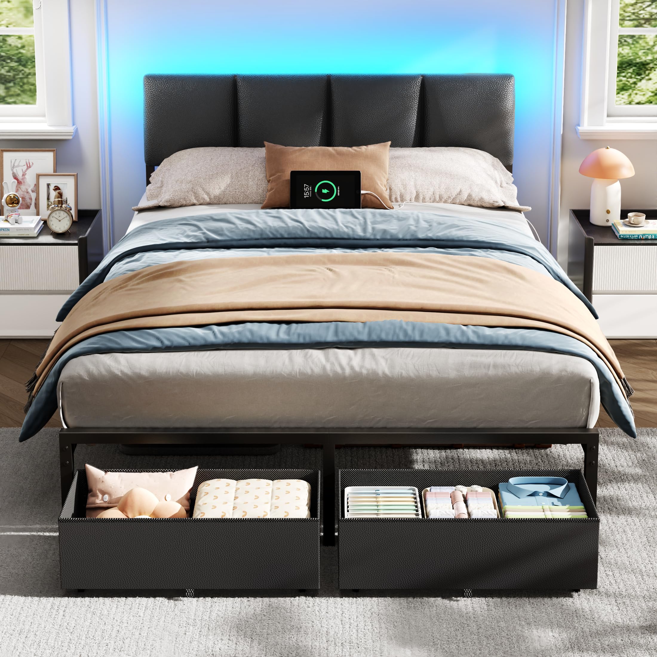 Furnulem Full Size Bed Frame with PU Upholstered Headboard and 2 Drawers