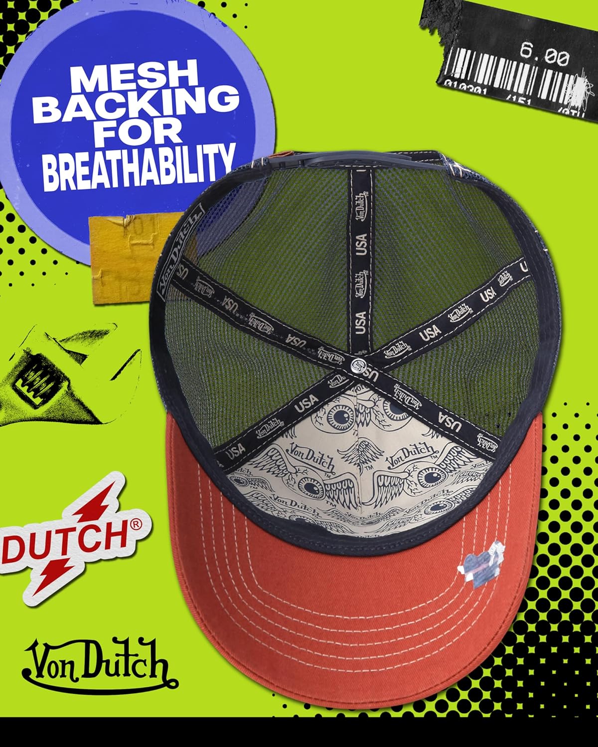 Von Dutch Unisex Trucker Hat - Curved Bill Mesh Back Retro Classic Colorblock Snapback Baseball Cap for Men and Women