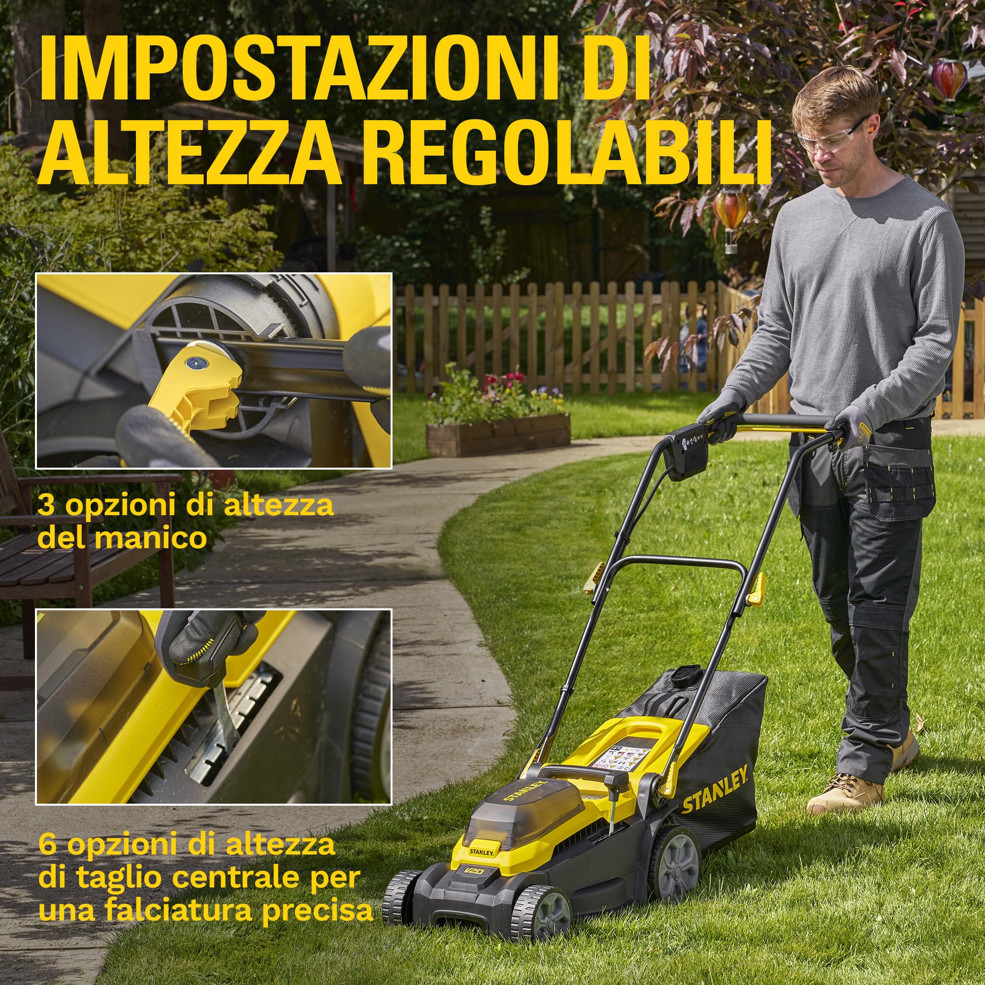 STANLEY V20 Cordless Brushless 34cm Walk-Behind Mower, include batteria Li-Ion 4Ah e caricatore 2A, 18V, SCMWP3401M1-QW