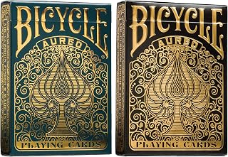 Bicycle Playing Cards 2 Deck Aureo Collector's Bundle – 1 Deck Bicycle Aureo Green & Gold 1 Deck Aureo Black & Gold Playing Cards with Leonardo Da Vinci Inspired Illustrations.