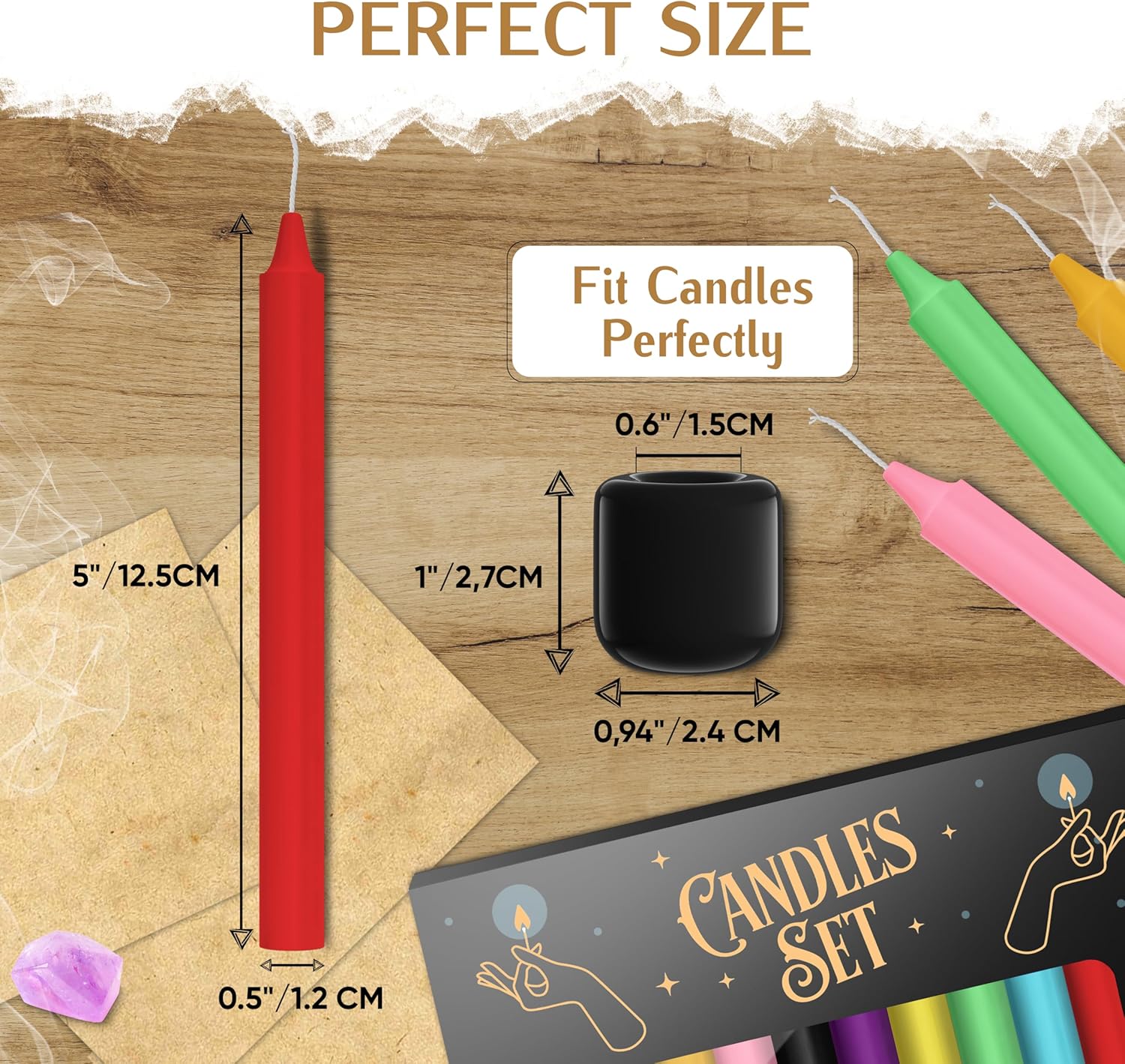 WYSPELL 36 Colored Spell Candles | 5" x 1/2" | Taper Candles Kit for Witchcraft & Decor | 6 Chime Candle Holders | Wiccan Supplies & Candlesticks Set - Image 3