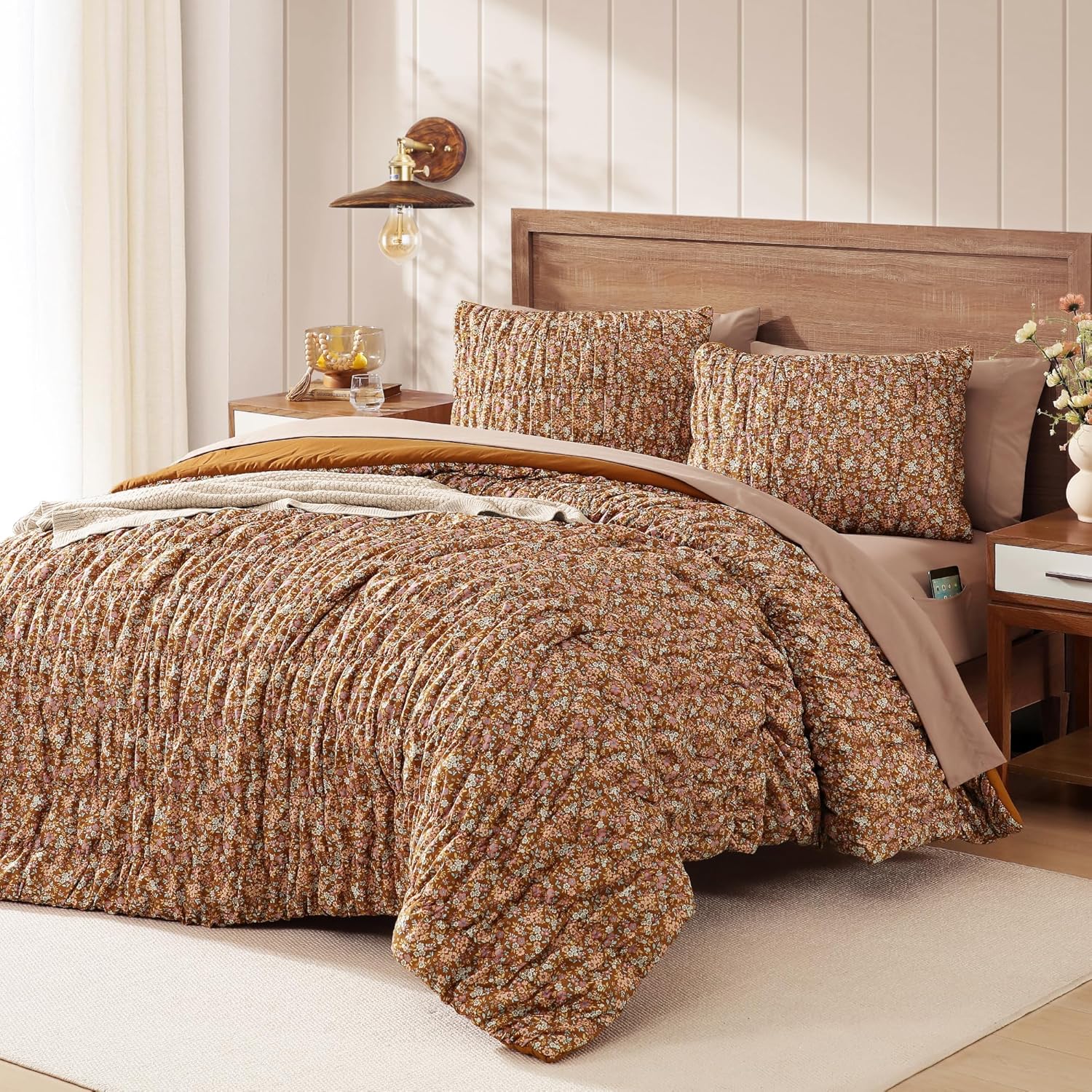 Queen Comforter Set-7 Pieces Brown Classic Puff Floral Bedding Sets for All Seasons,Shabby Chic Farmhouse Bed in a Bag Queen with Wildflowers Comforter,Sheets, Pillowcases & Shams Brown Queen