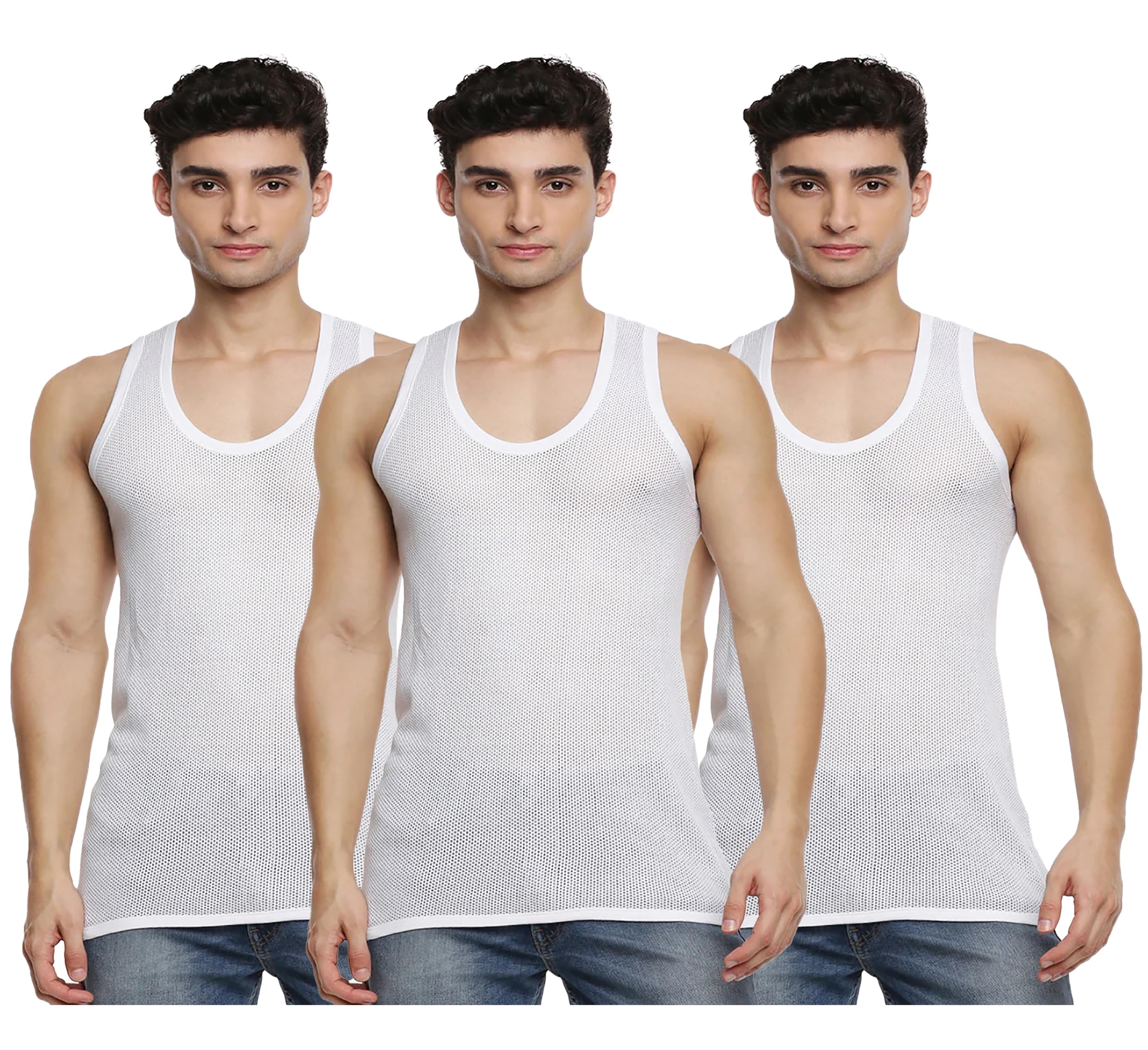 Men’s White Mesh Cotton Vest Sleeveless Gym Undershirt | Breathable Athletic Tank Top | Soft & Stretchable | Ideal for Workout & Casual Wear (Pack of 3)-image-16
