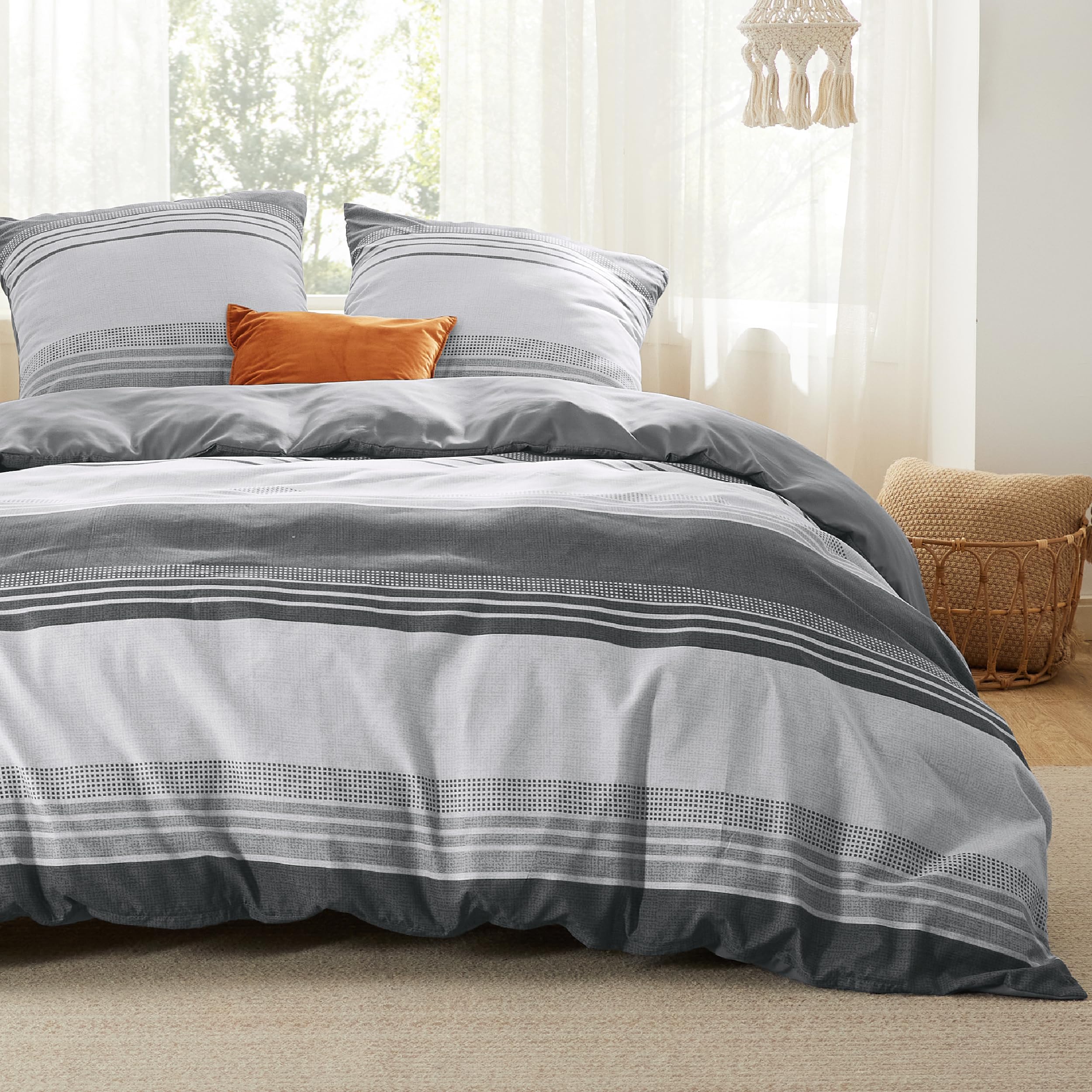 Housse de couette 220 x 240 cm gris grand lit parure de lit 3 pièces rayée