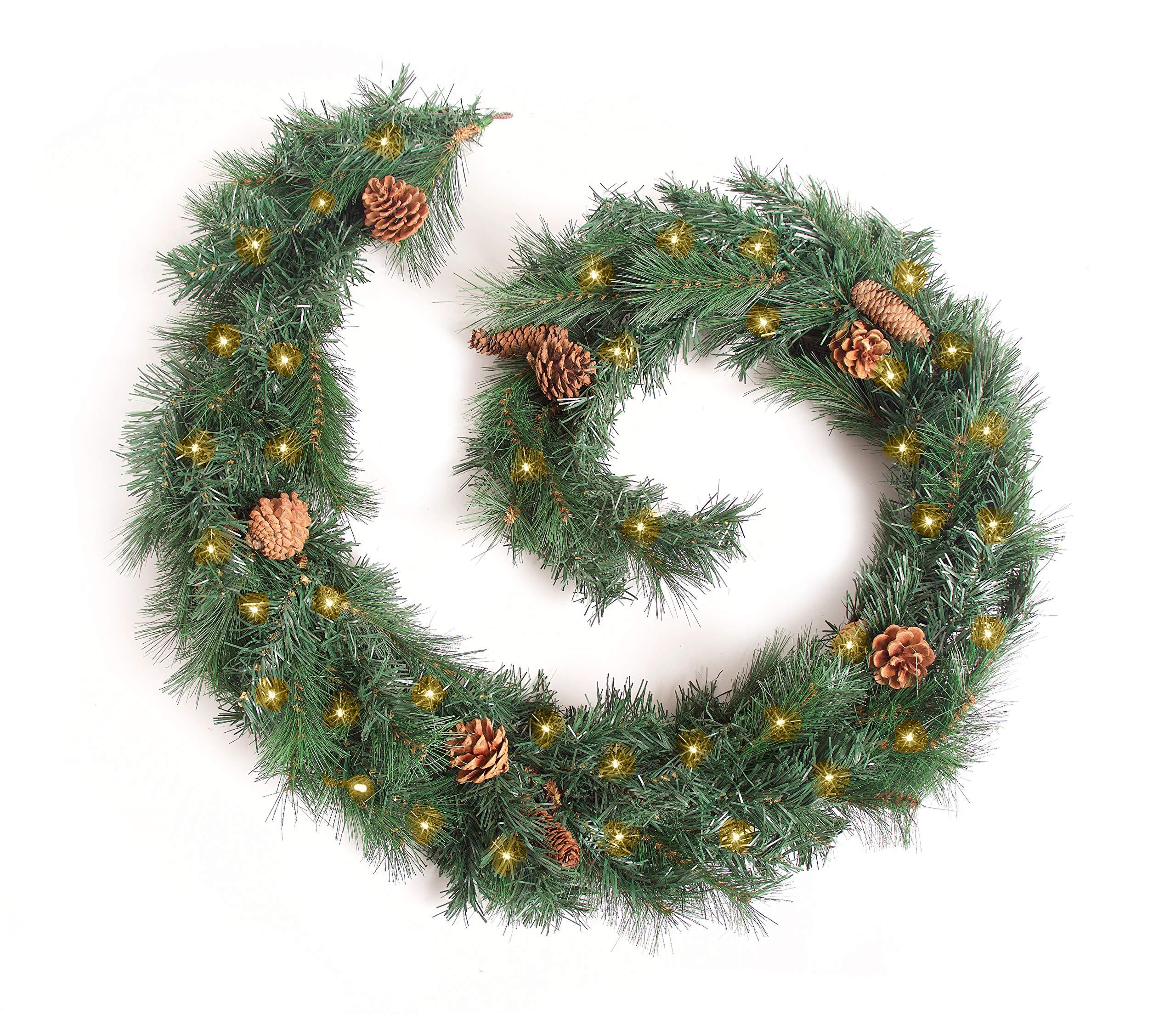 Best Artificial Green Colorado Pine Luxury Christmas Garland With Pine Cones Indoor Xmas & 50 Warm White Battery Lights (6Ft / 180Cm)