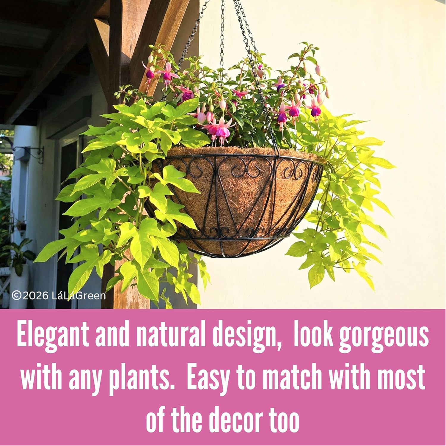 LaLaGreen Bundle- 4 Pack, 24 Inch Metal Basket with Coco Liner + 2 Pack, 20 Inch Hanging Basket with Coco Liner Round Outdoor Flower Planter with Hook Modern Garden Country Style Decor Porch Deck Rail